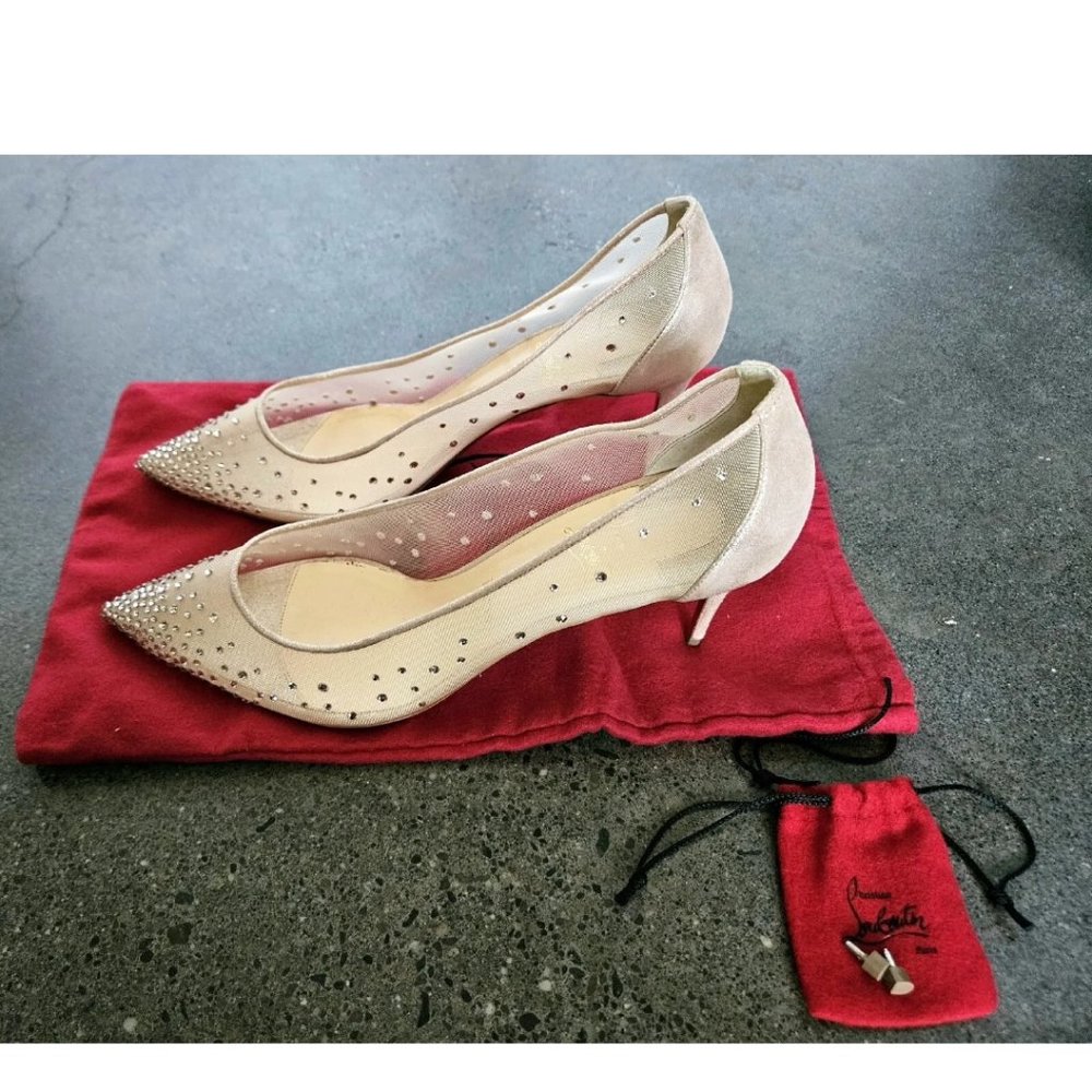 Authentic New Christian Louboutin Follies Strass Sling 70mm Nude Silk Beige Mes